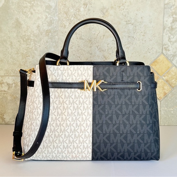 Michael Kors Reed Large Satchel Shoulder Bag Color-Block MK Vanilla Black - Picture 1 of 12